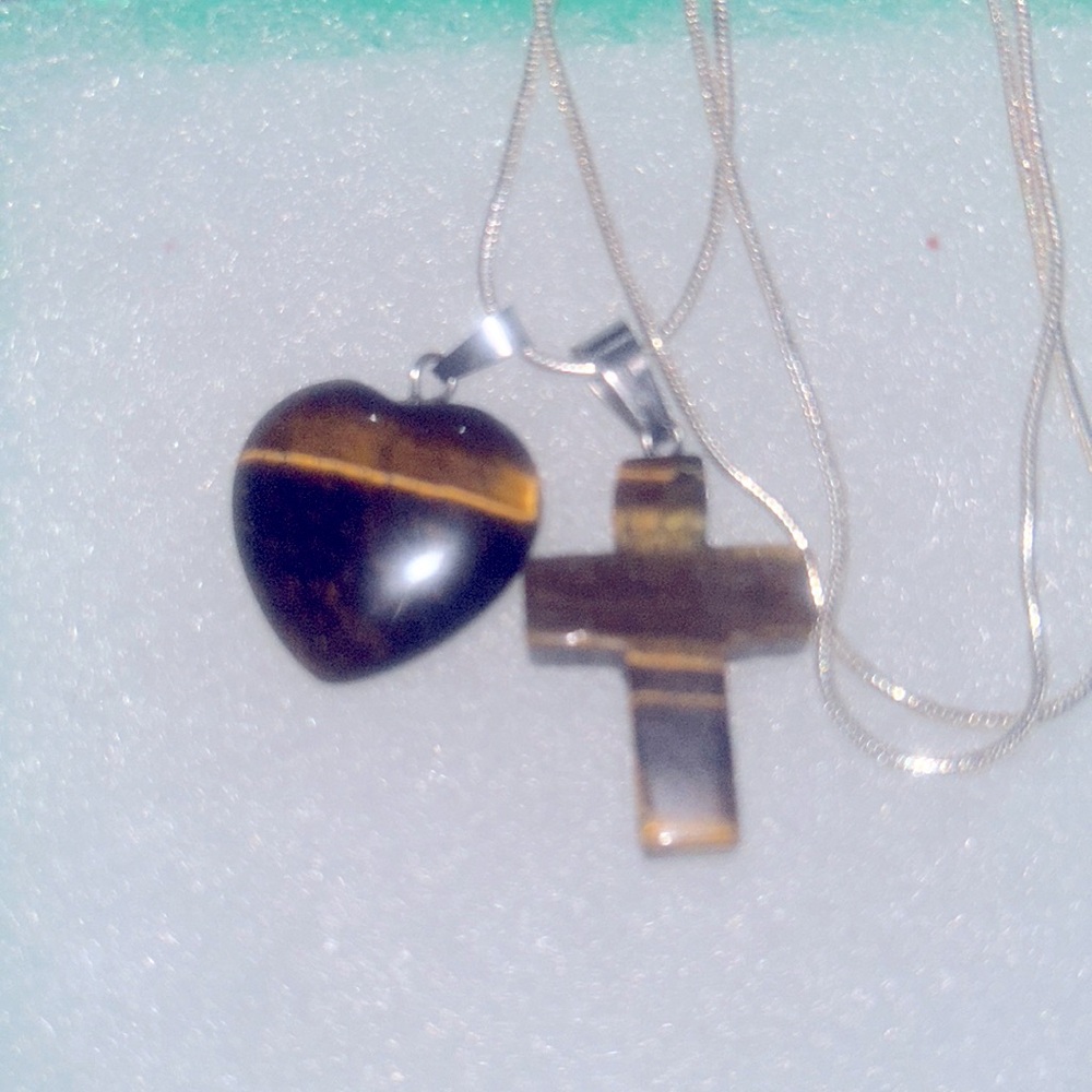 Boho Hippie Tigers Eye Cross and Heart Sterling Silver Necklace 24”